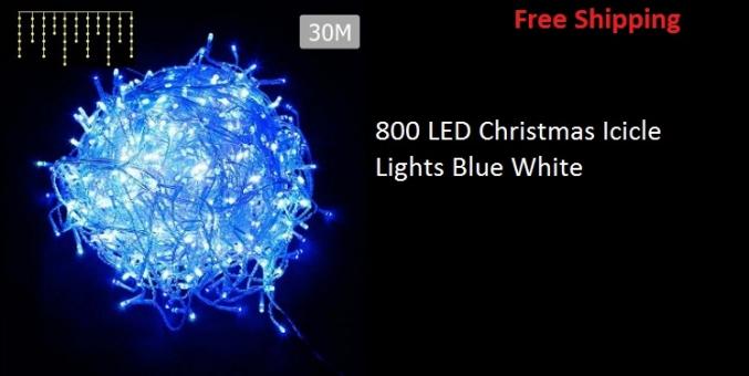 800 LED Christmas Icicle Lights Blue White